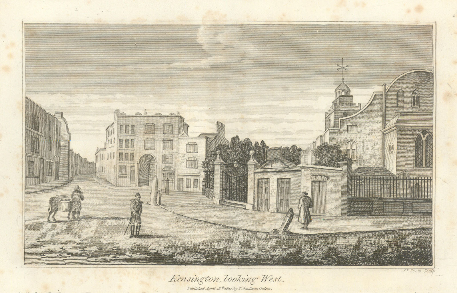 Kensington High Street & St Mary Abbots church (rebuilt 1872) looking west 1820